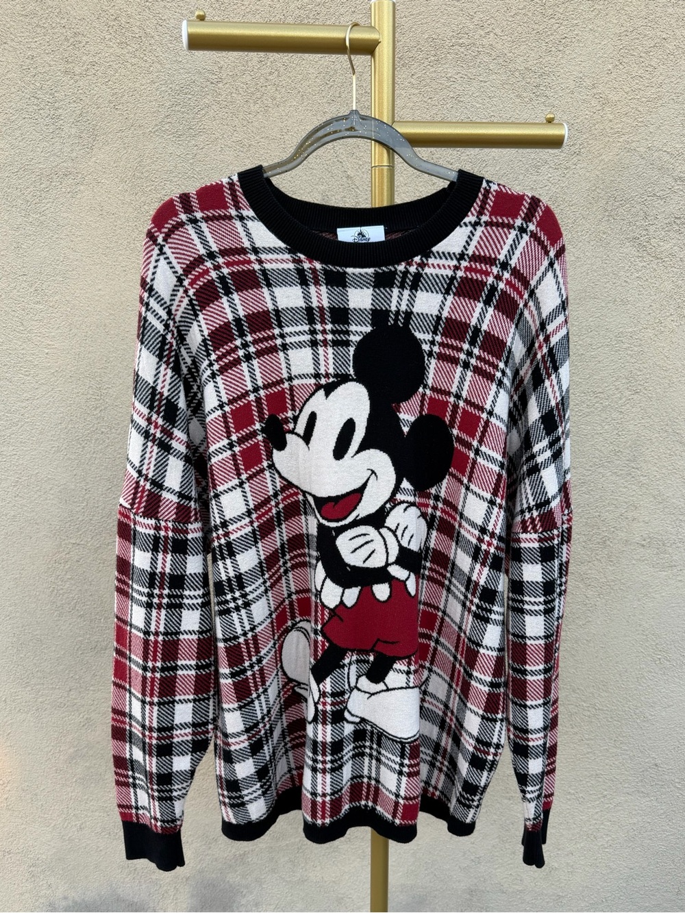 Disney Spirit Jersey Mickey Mouse Plaid Sweater Holiday Red Black White